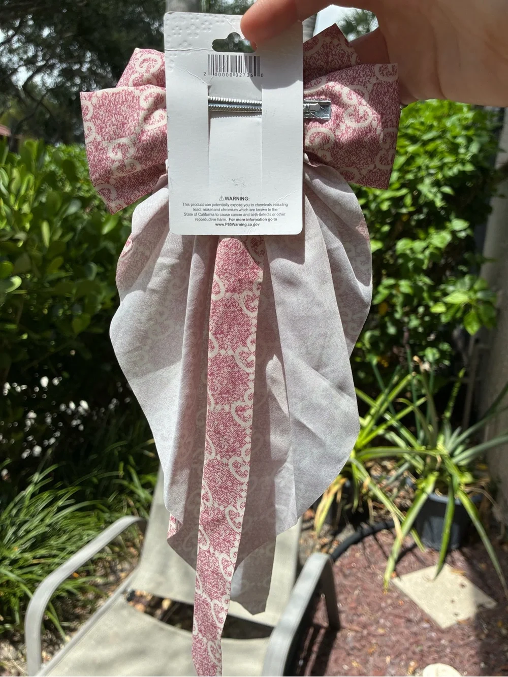 Pink & Cream Monogram Hair Bow Clip with Long Tails | NWT